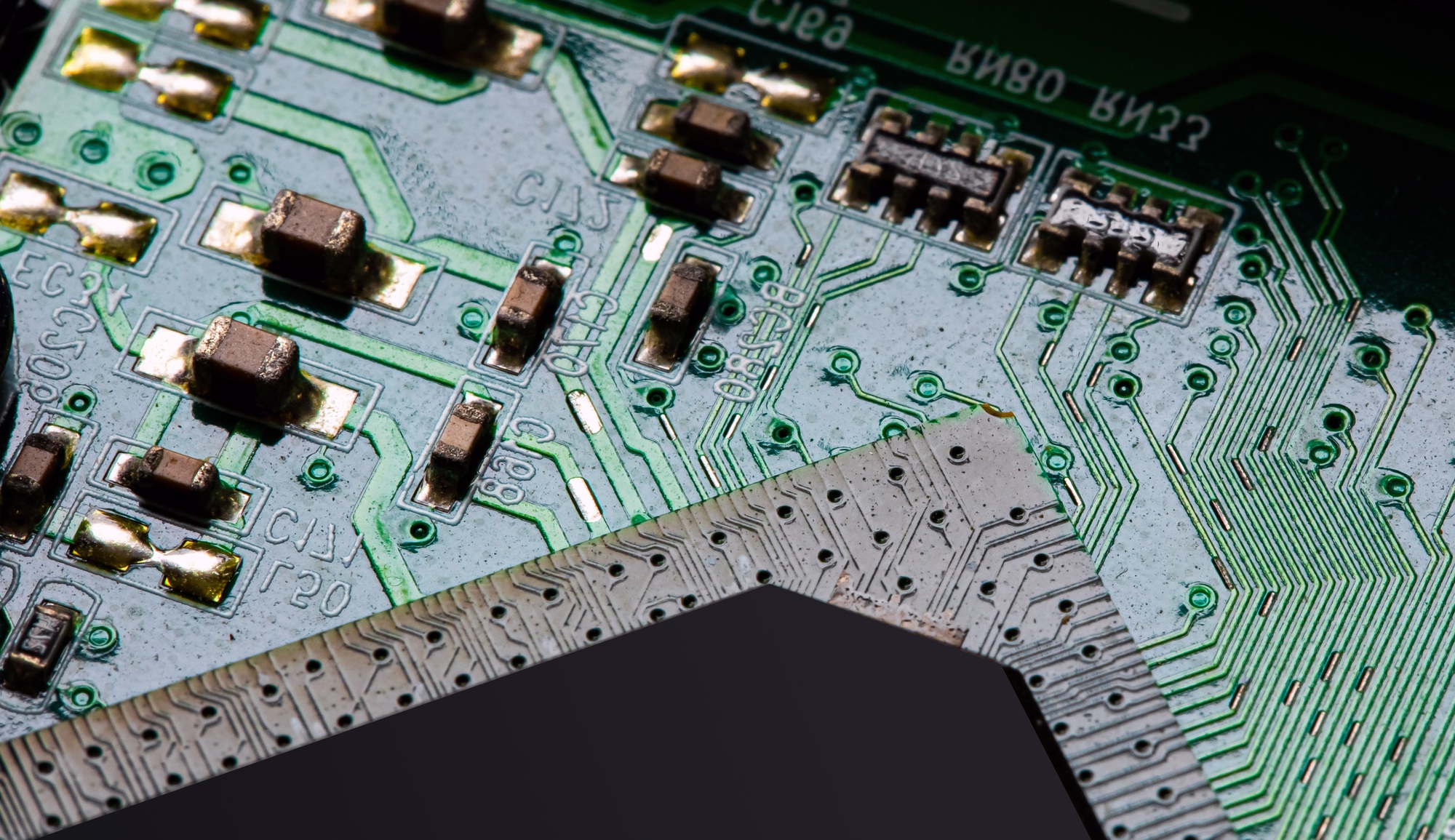 Close up of components and microchips on PC circuit board.